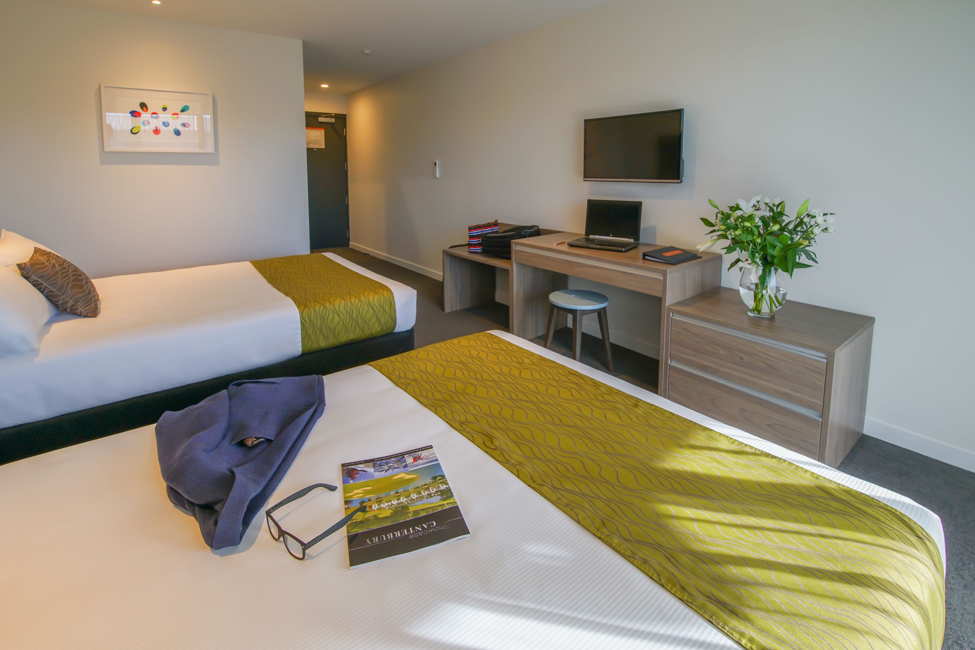 Habitación de hotel con dos camas, un escritorio con computadora, un televisor y una planta.
