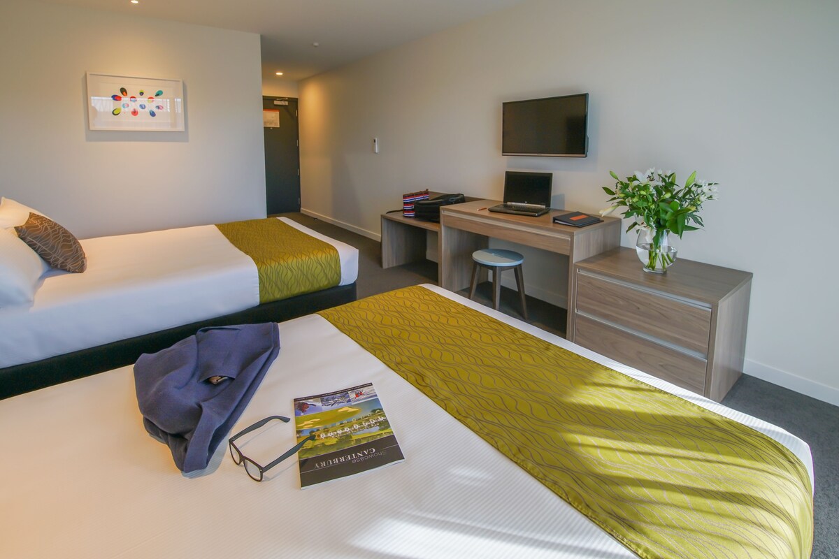 A hotel room with two beds, a desk with a computer, a TV, and a plant.