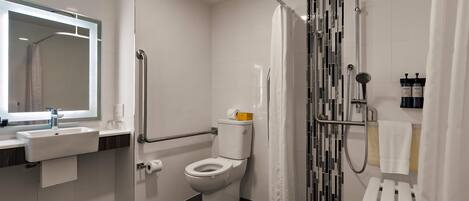 Un baño moderno con inodoro, lavabo, ducha y barras de apoyo.