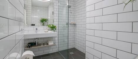 Ensemble baignoire-douche, articles de toilette (gratuits)