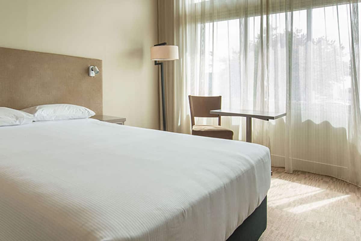 A hotel room with a large bed, a nightstand, a lamp, a chair, and a window with sheer curtains.