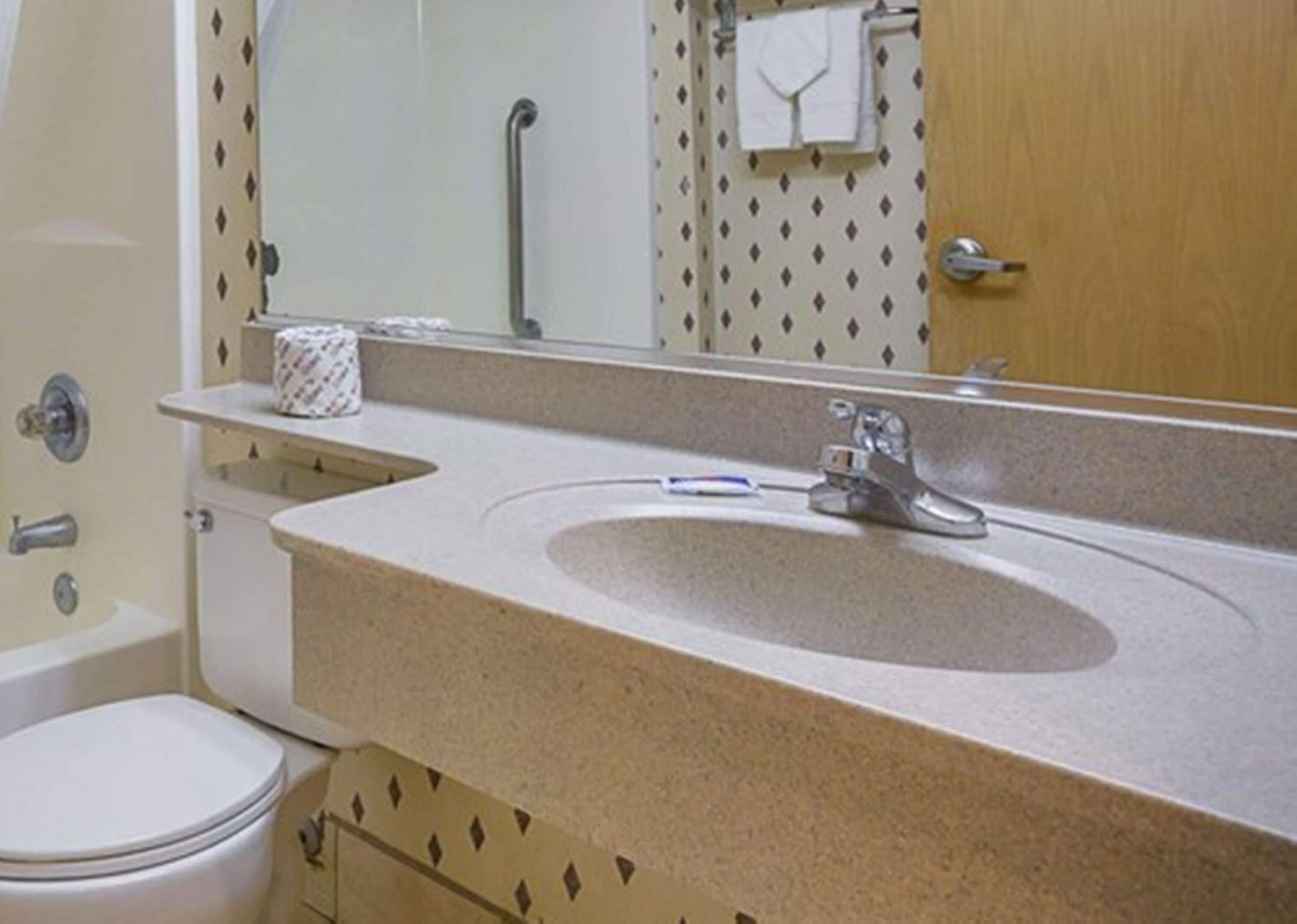 A bathroom with a toilet, sink, and mirror.