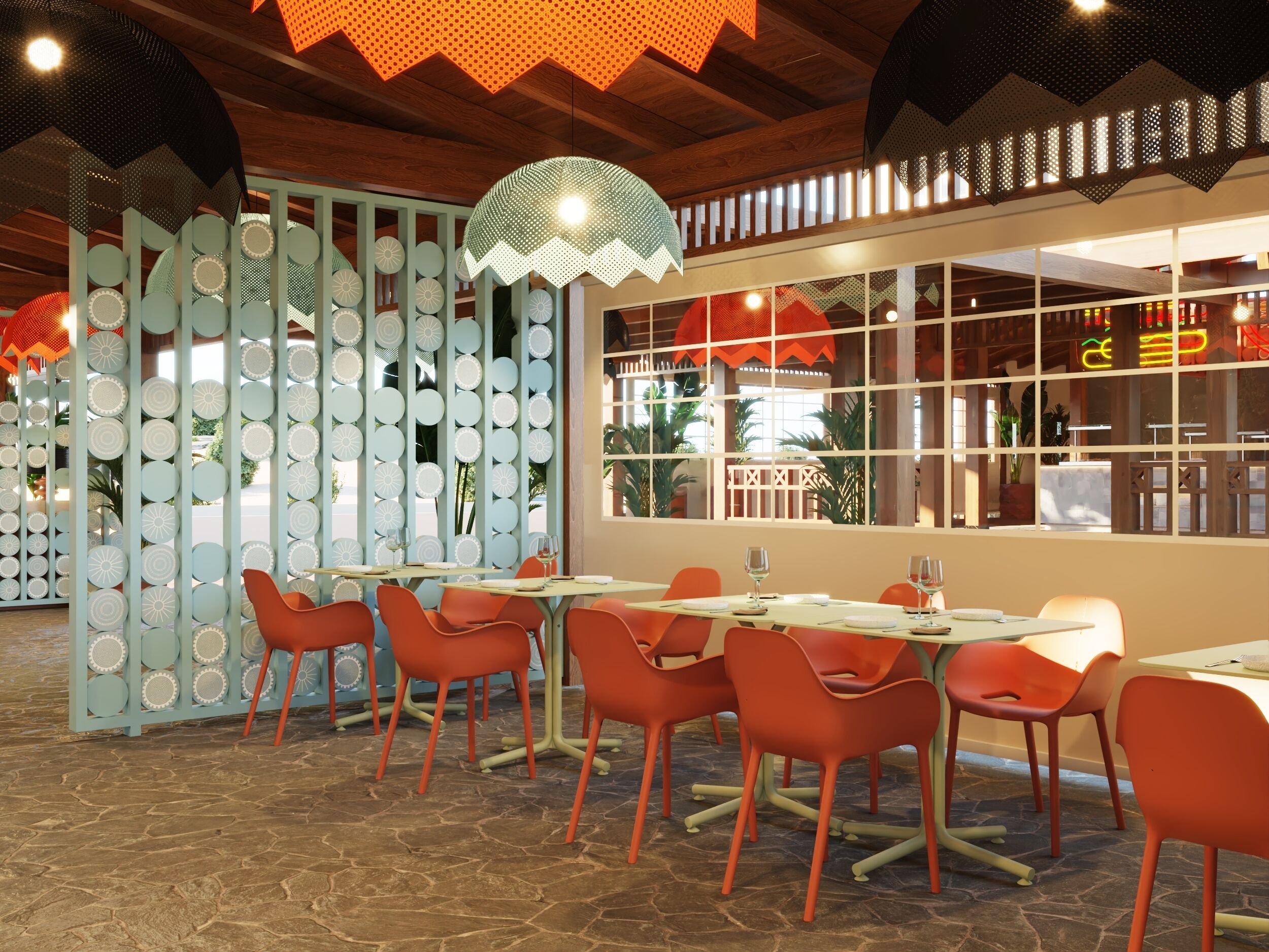 A restaurant with a modern interior, featuring a stone floor, orange chairs, and a decorative wall with circular patterns.