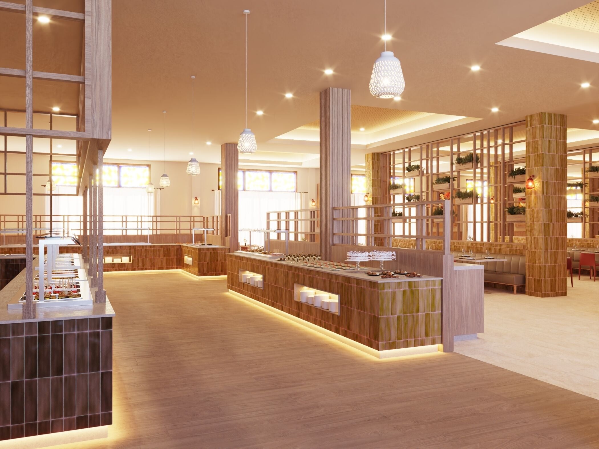 Een ruime hotel lobby met houten vloeren, een centraal gelegen receptiebalie en een zithoek met een hoge plafond en hanglampen.