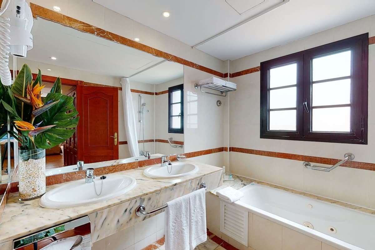 combined shower/bathtub, eco-friendly toiletries, hair dryer