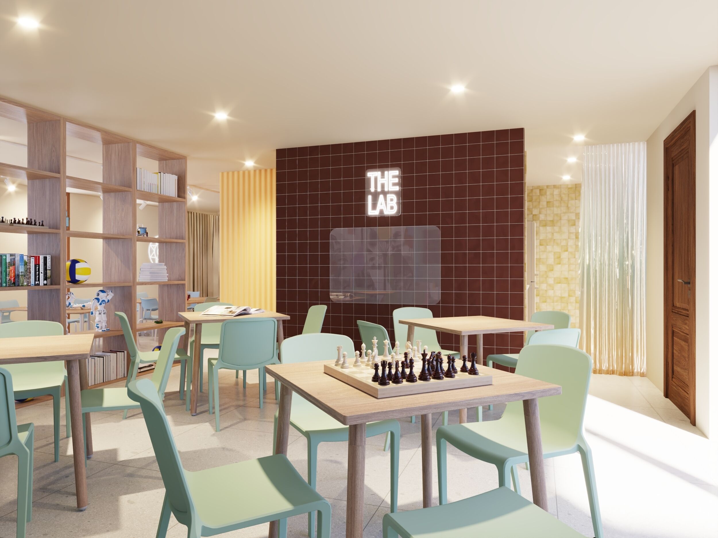 A modern library with bookshelves, a chessboard, and a sign reading "THE LAB".