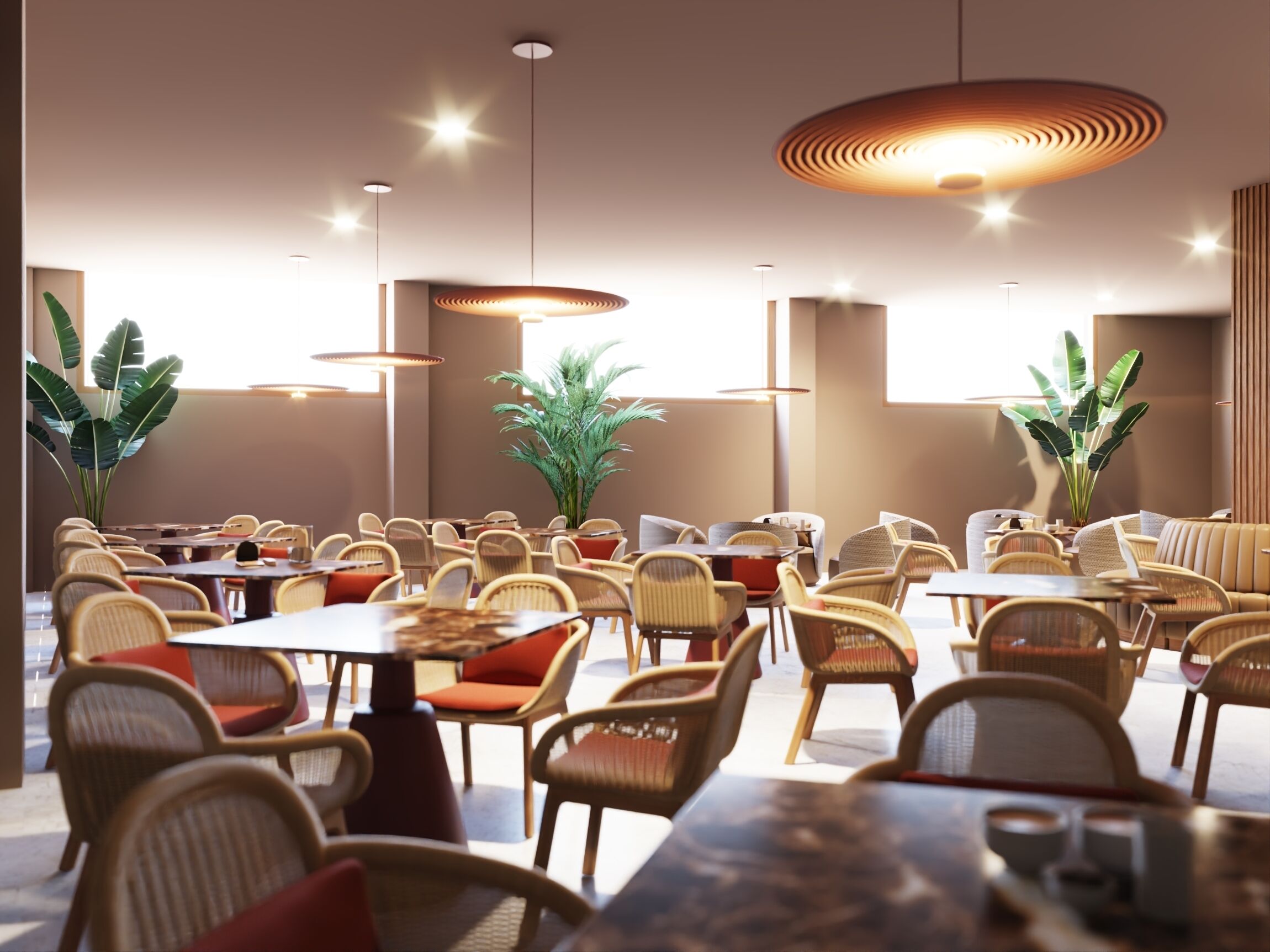 A spacious restaurant with high ceilings, multiple dining tables, wicker chairs, and large potted plants.