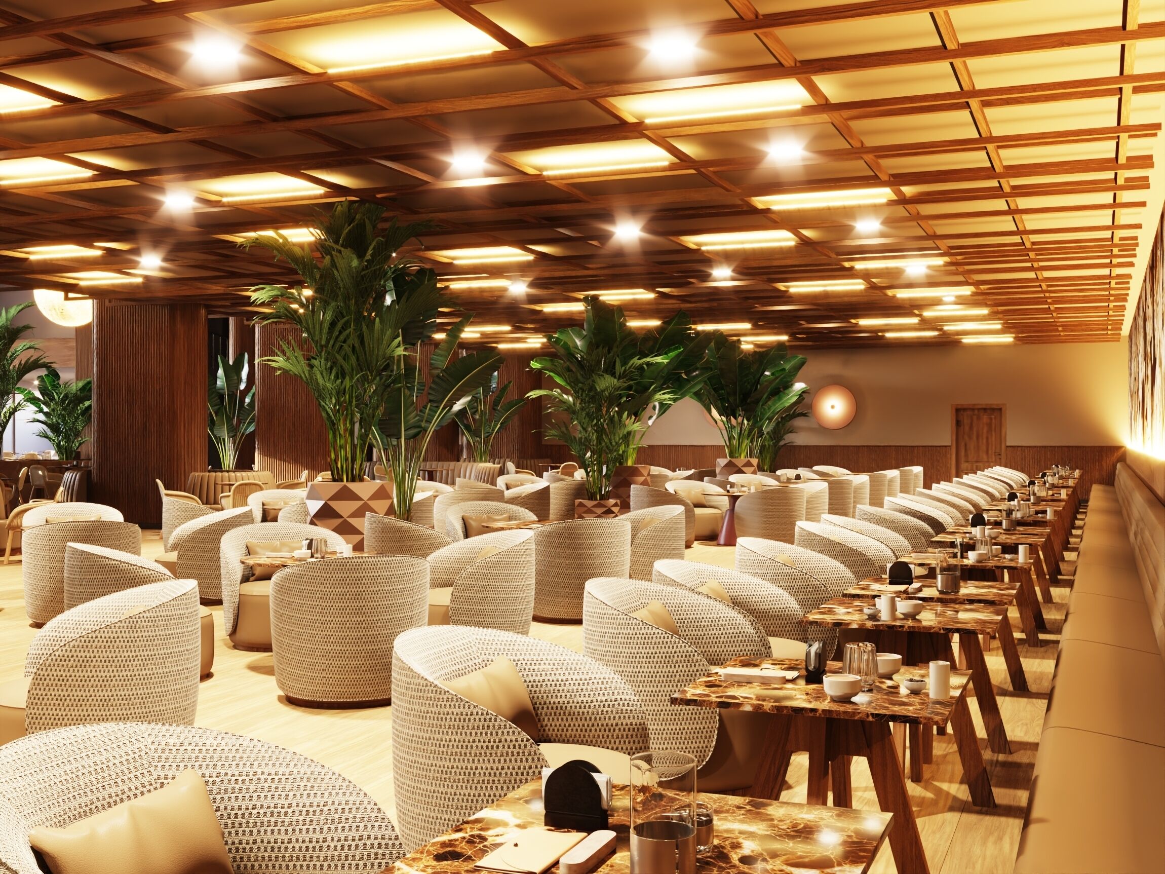 A modern restaurant with wicker furniture, wooden tables, and potted plants.