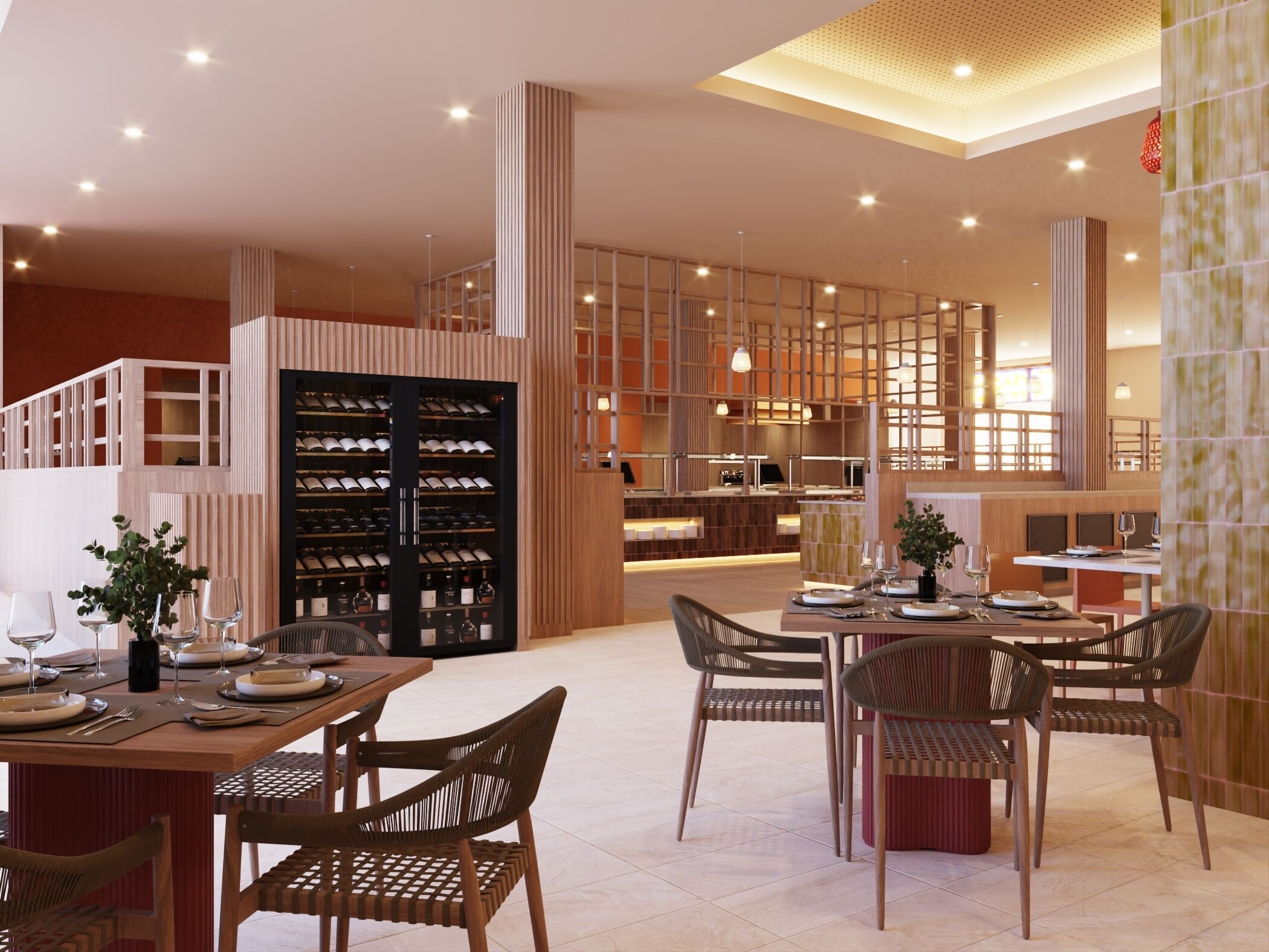 Een modern restaurant met houten meubels, een wijnkelder en een ruim interieur.