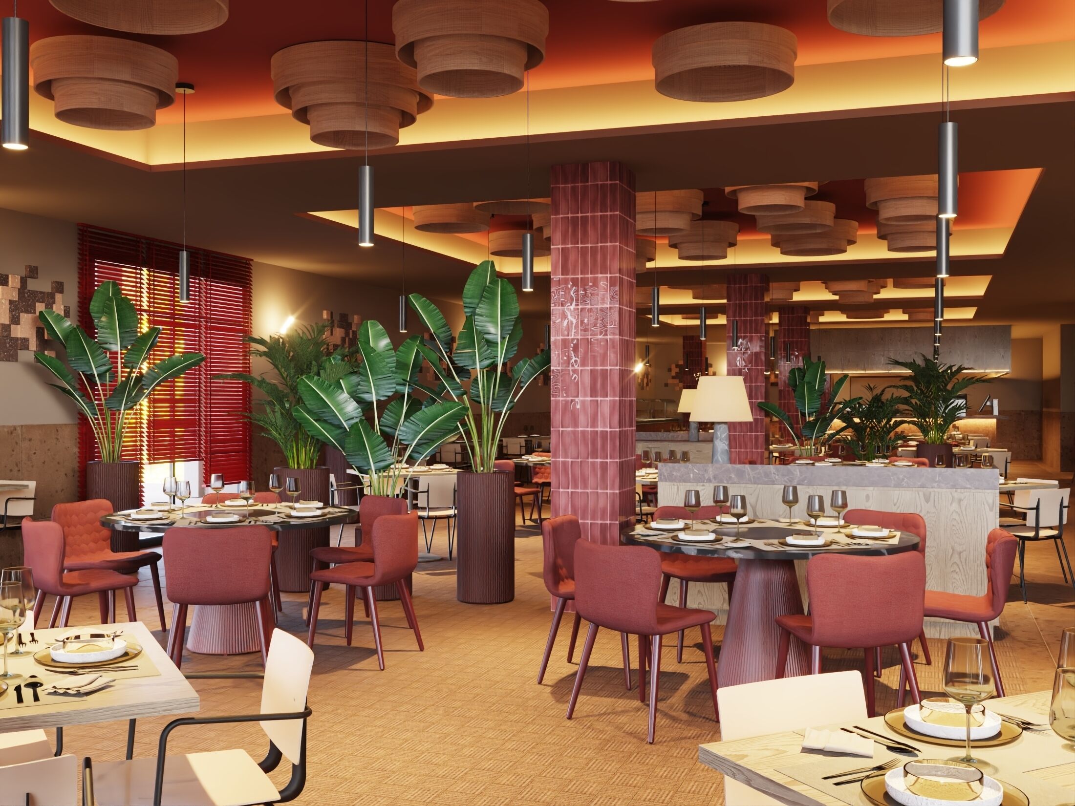 Un interior de restaurante moderno con mesas redondas, sillas rojas y lámparas colgantes.