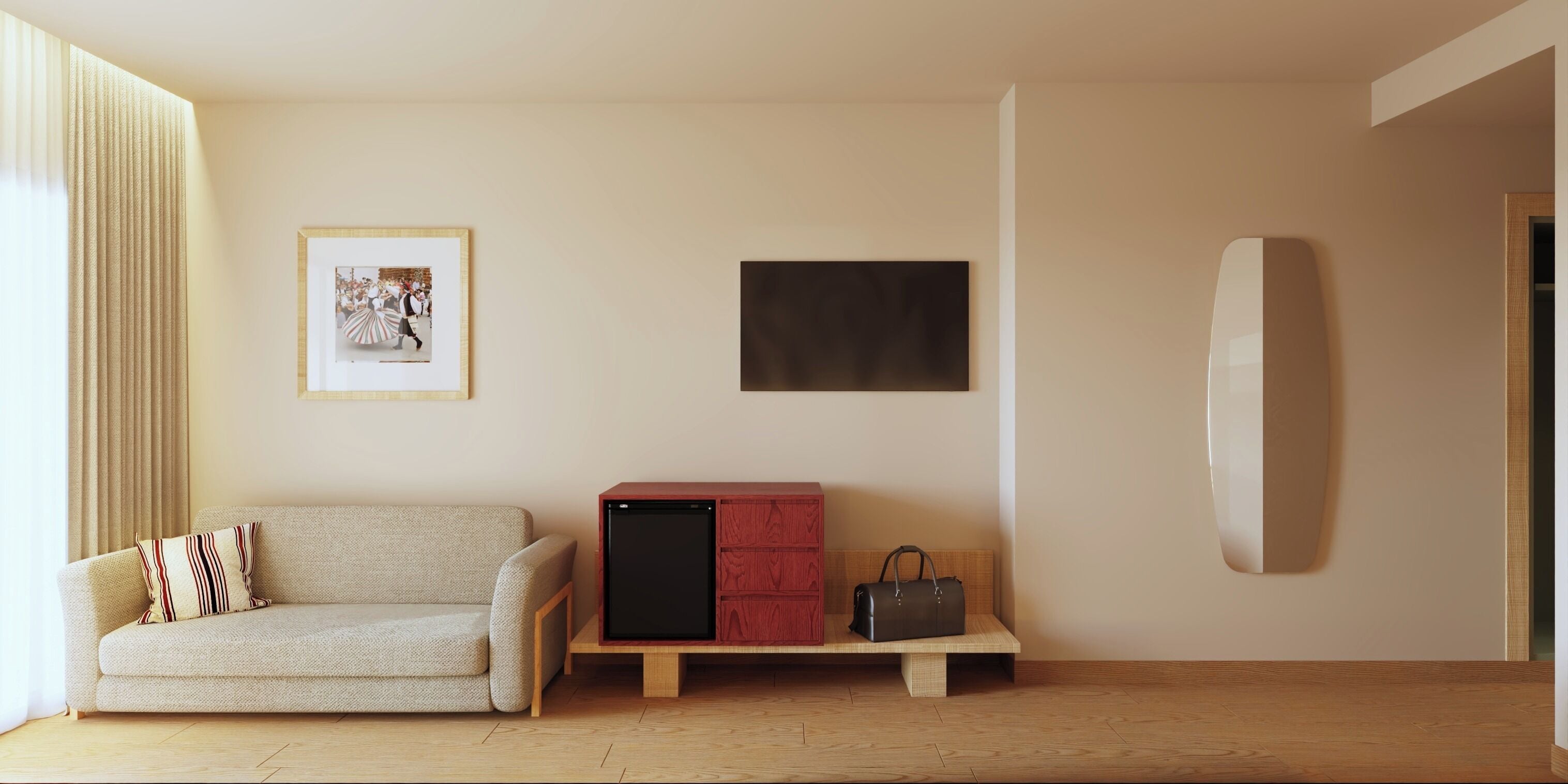 A minimalist living room with a sofa, a small cabinet, a framed picture, and a surfboard.