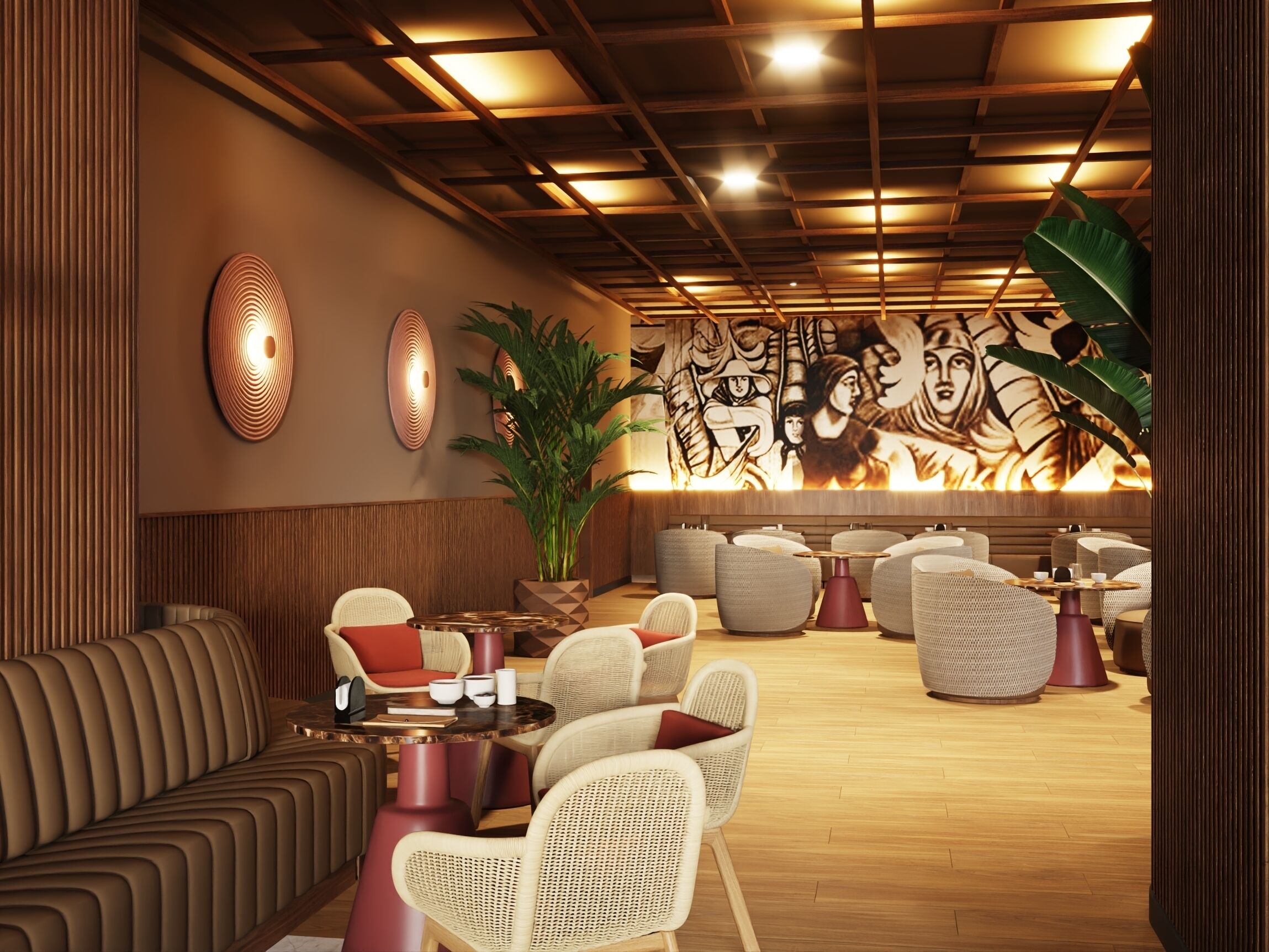 A modern lounge area with a wooden ceiling, cushioned seating, and a large mural on the back wall.