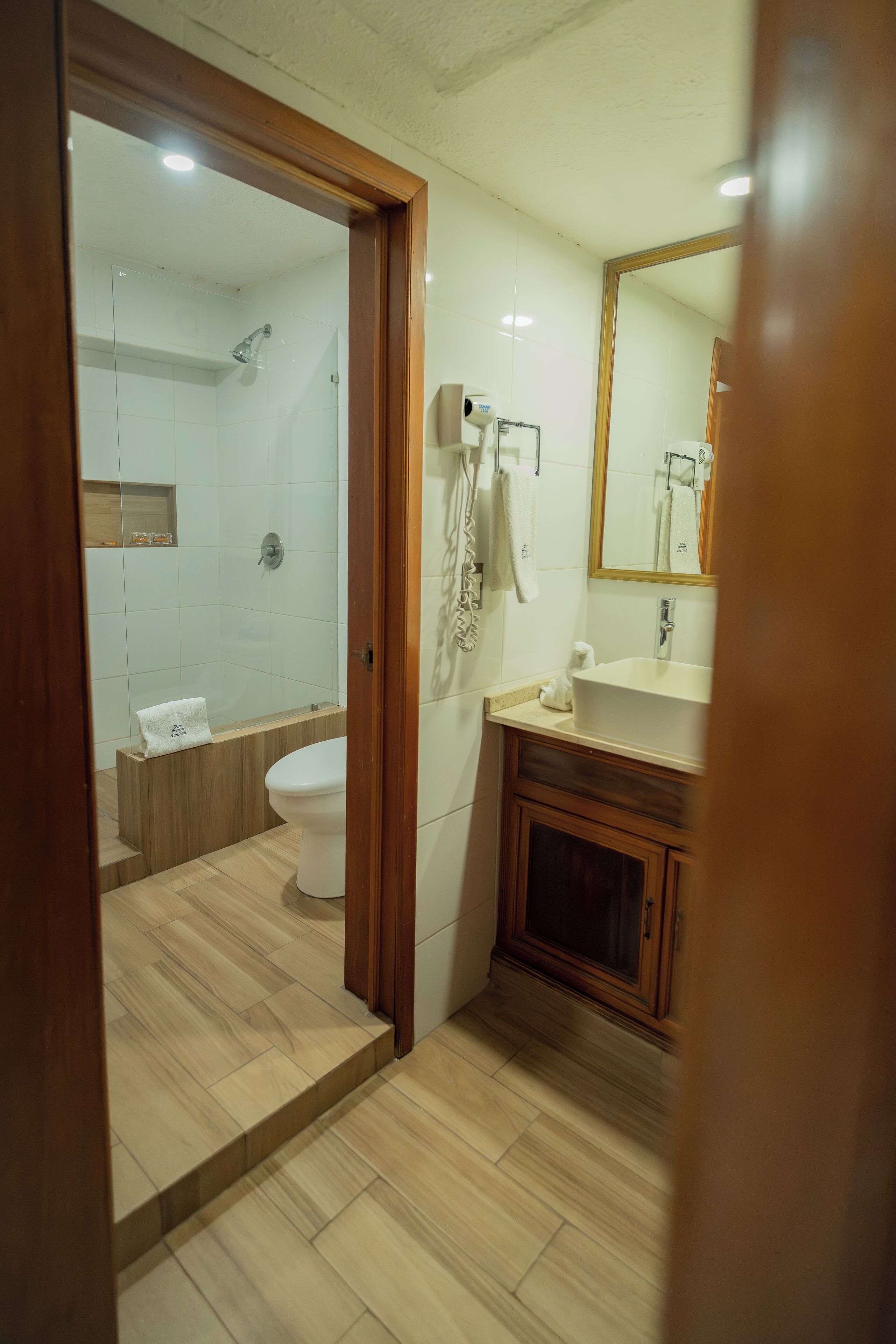 Un baño moderno con ducha, inodoro y lavabo.