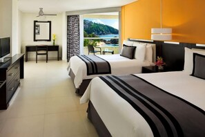 Deluxe Room, 2 Double Beds, Partial Sea View | Down duvets, minibar, in-room safe, desk