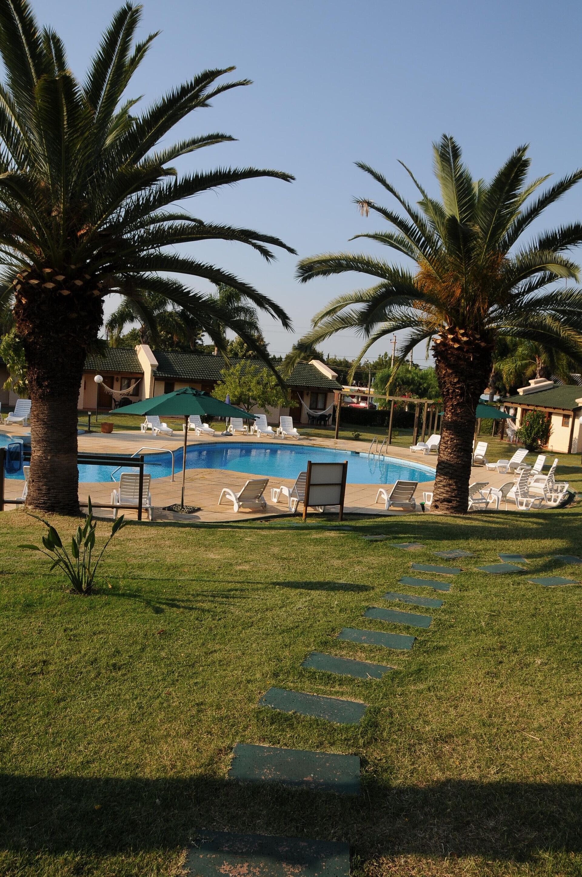 Una piscina con sillones de descanso, palmeras y un área verde con piedras.