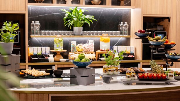 Montaje tipo bufé con diferentes alimentos y una planta en maceta al fondo.
