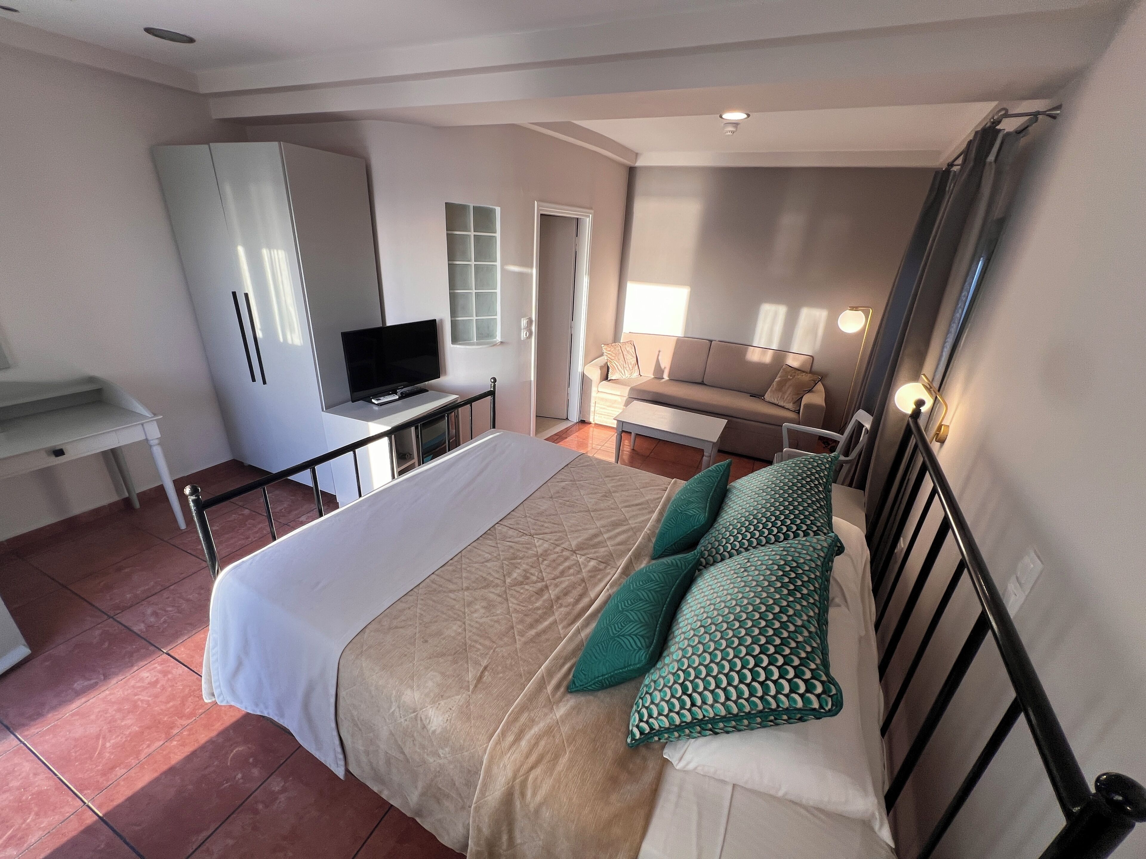 Un dormitorio con cama, escritorio, televisor, sofá y armario.