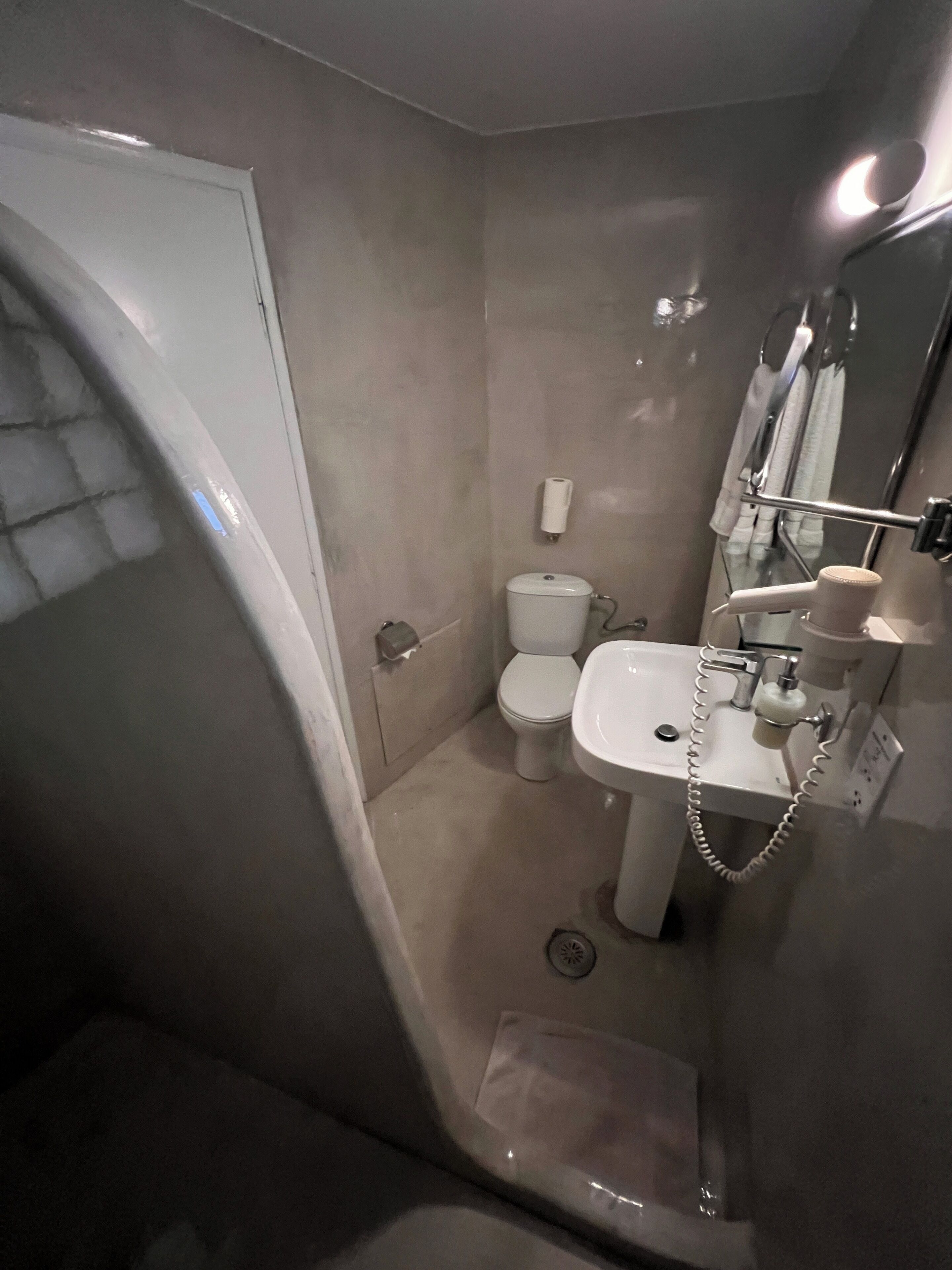 Une salle de bain équipée de toilettes, d’un lavabo et d’une douche.