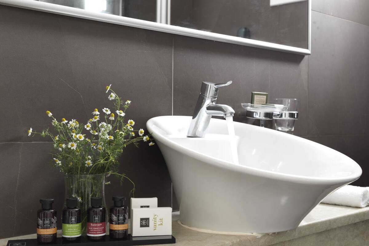 shower, designer toiletries, hair dryer, bathrobes