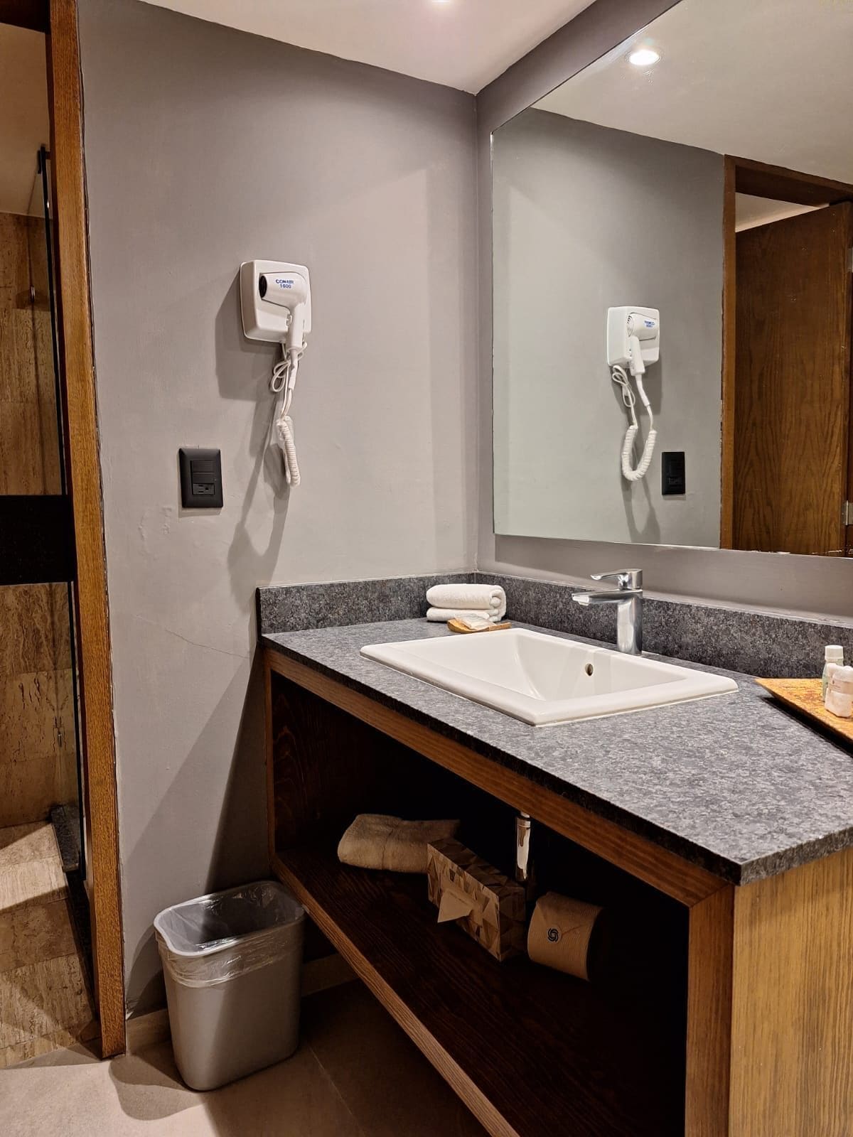 superior double room | bathroom | shower, hair dryer, towels, soap