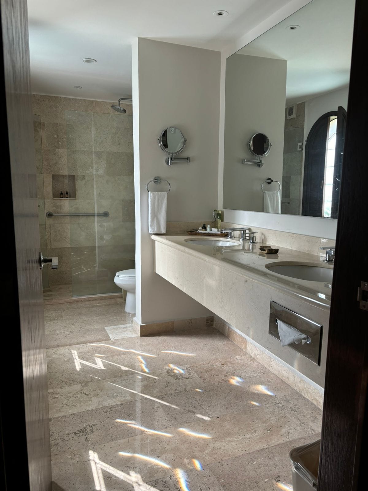 senior double room | bathroom | shower, hair dryer, towels, soap