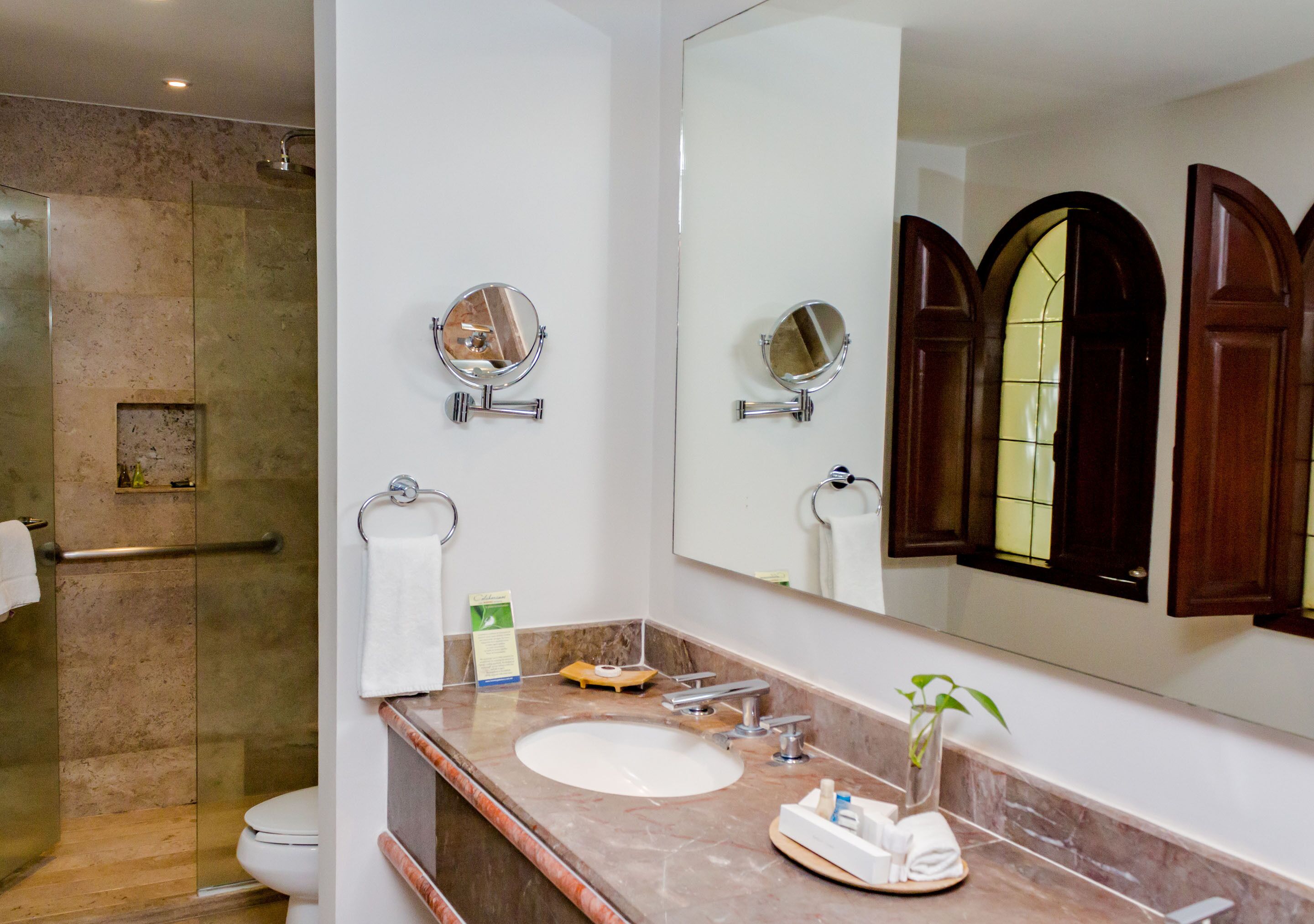 senior double room | bathroom | shower, hair dryer, towels, soap