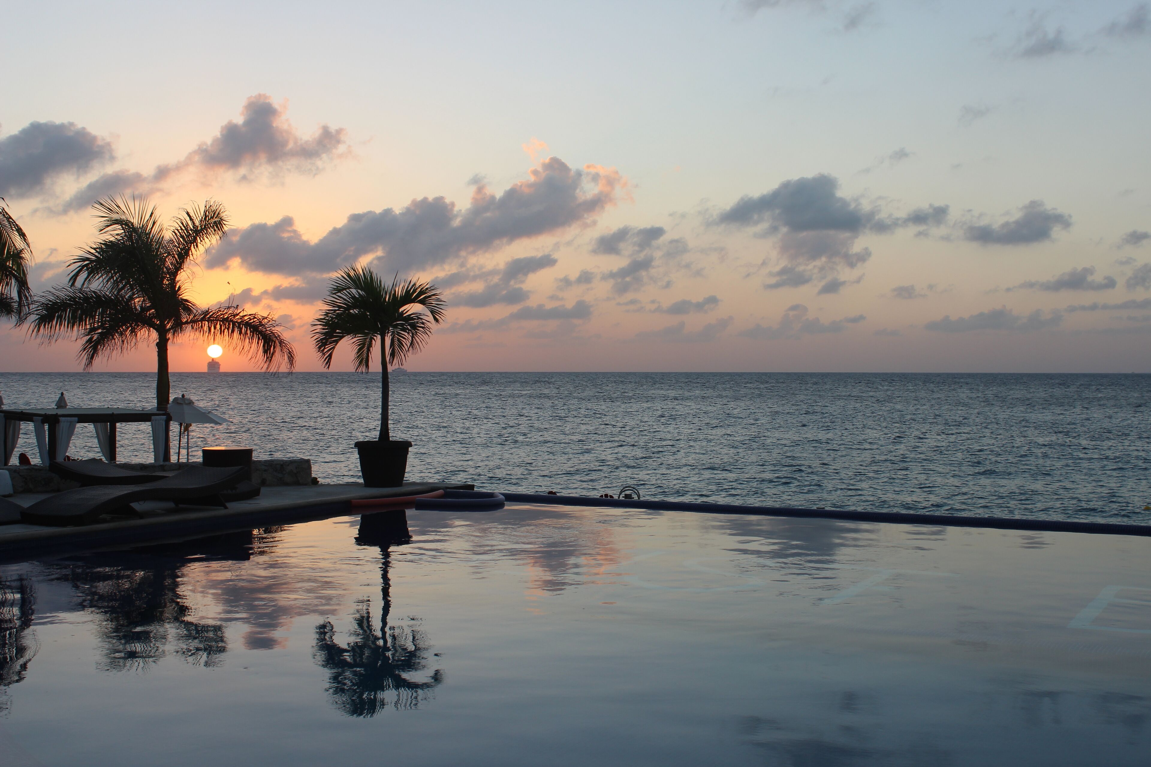 A serene infinity pool with a sunset view, palm trees, and a lounge area.