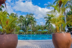 Outdoor pool, pool umbrellas