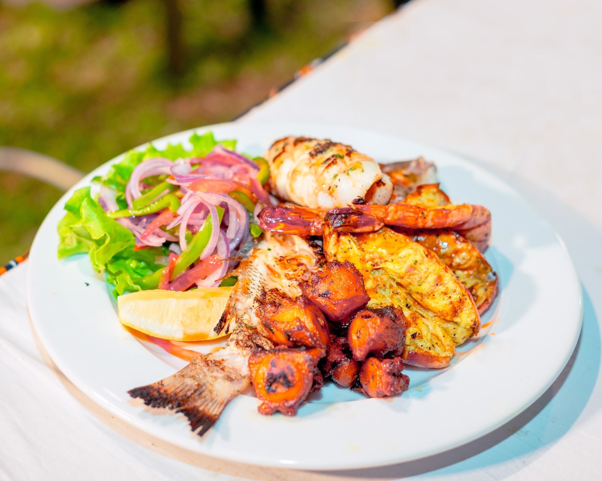A plate of grilled seafood including shrimp, fish, and octopus, served with a side salad and lemon wedge.