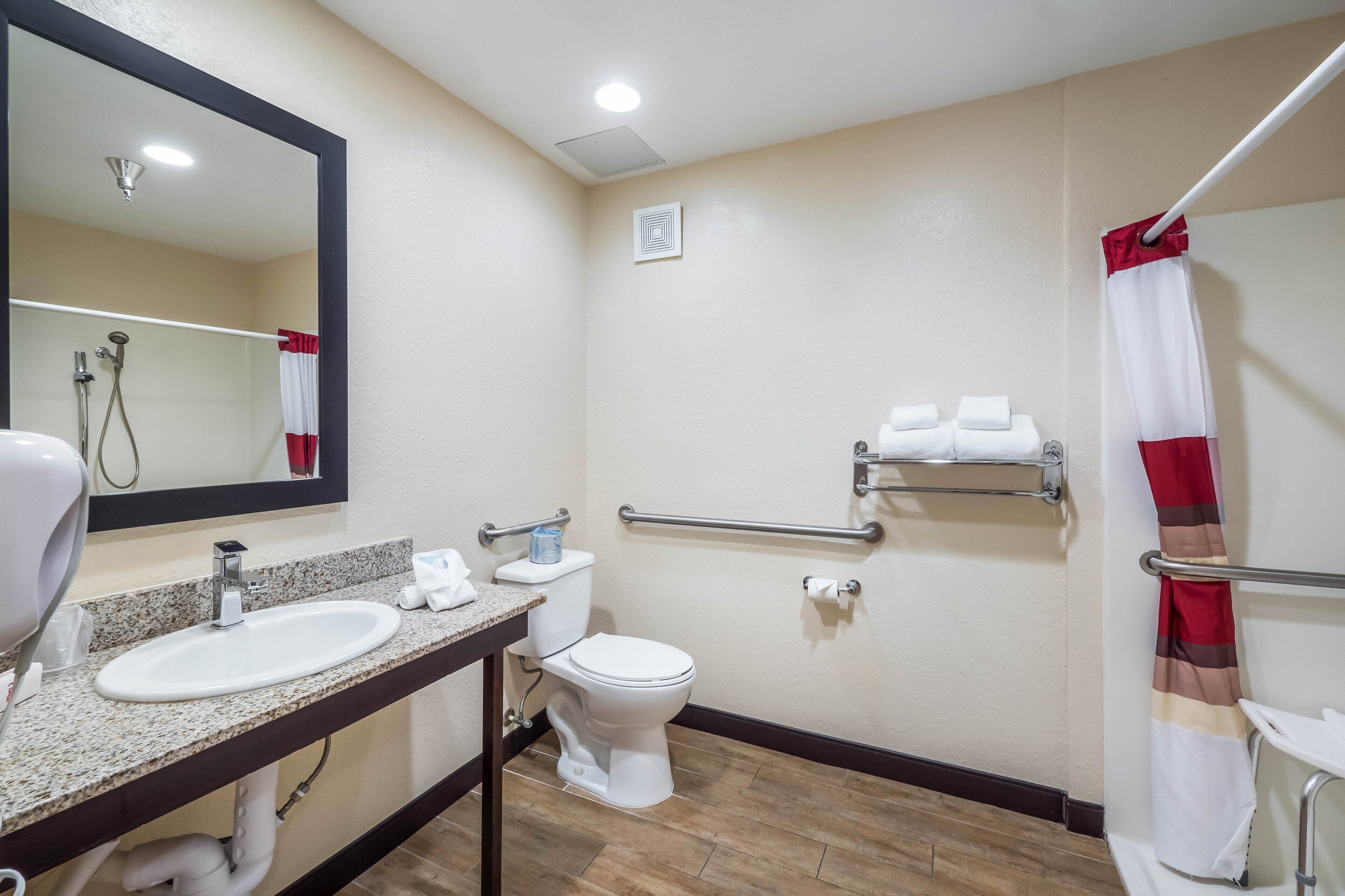 standard room, 1 king bed, accessible (roll-in shower, smoke free) | bathroom | towels, soap, shampoo, toilet paper
