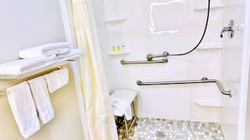 Un bagno dotato di doccia, maniglie di sostegno, WC e porta asciugamani.