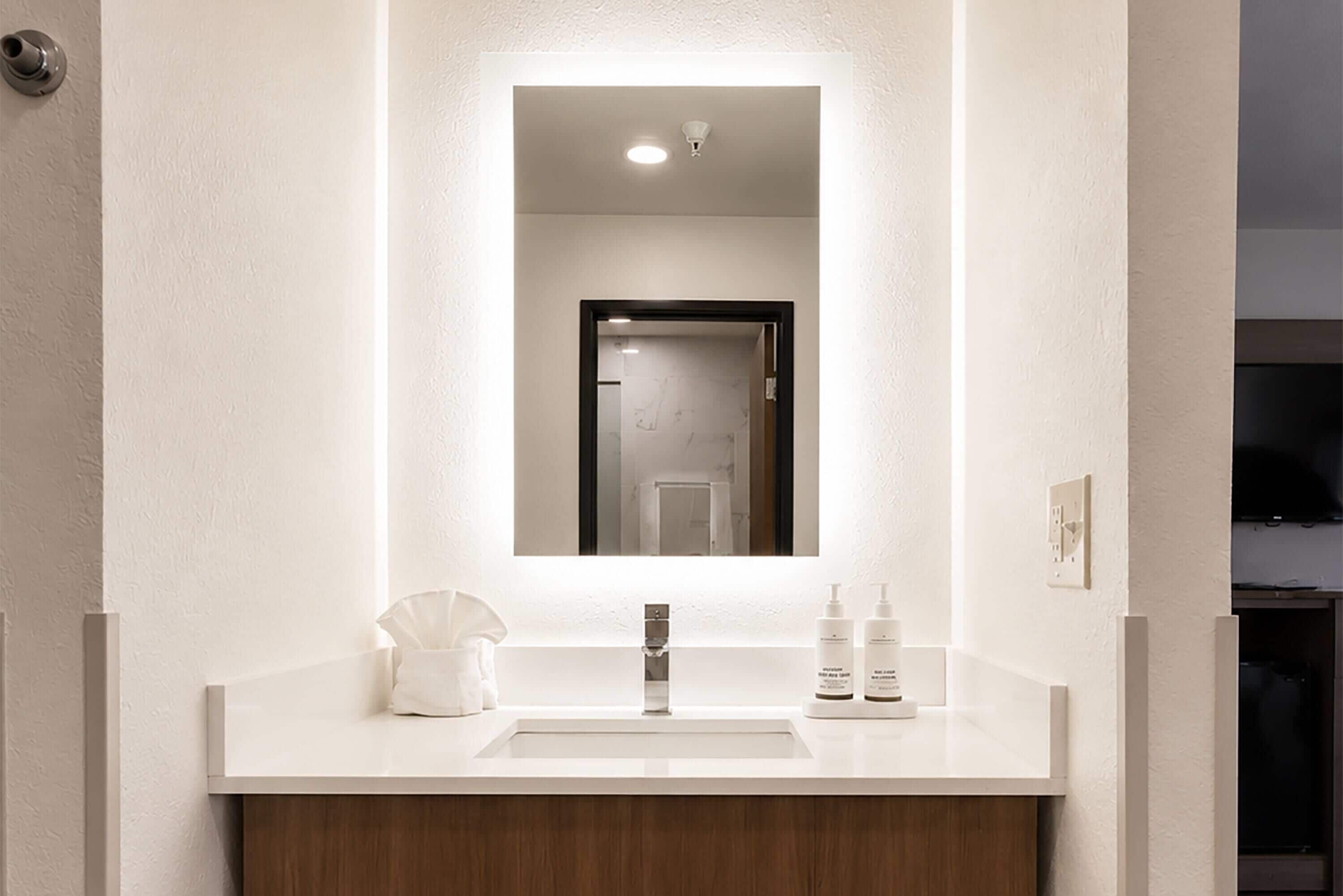 A modern bathroom with a large mirror, a sink, and two bottles of shampoo.
