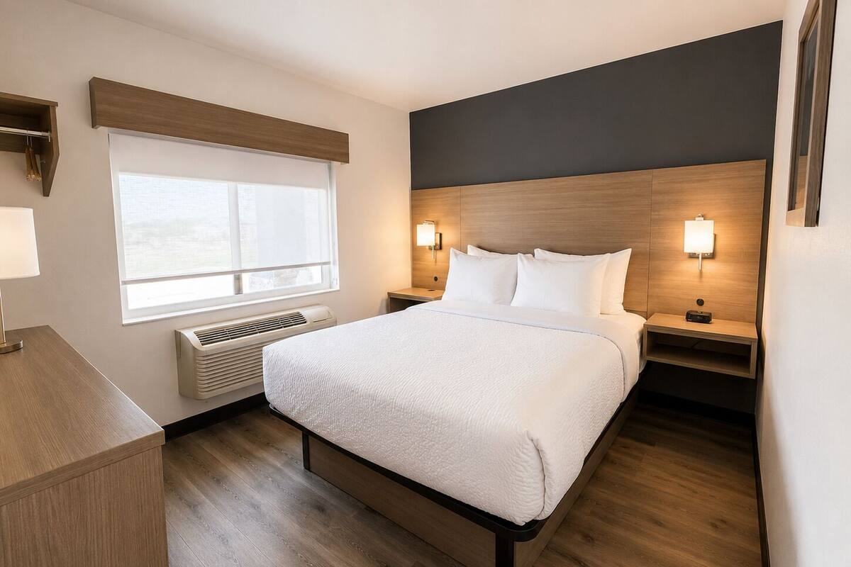 A modern hotel room with a large bed, bedside tables, a window with blinds, a wall-mounted heater, and a dark accent wall.
