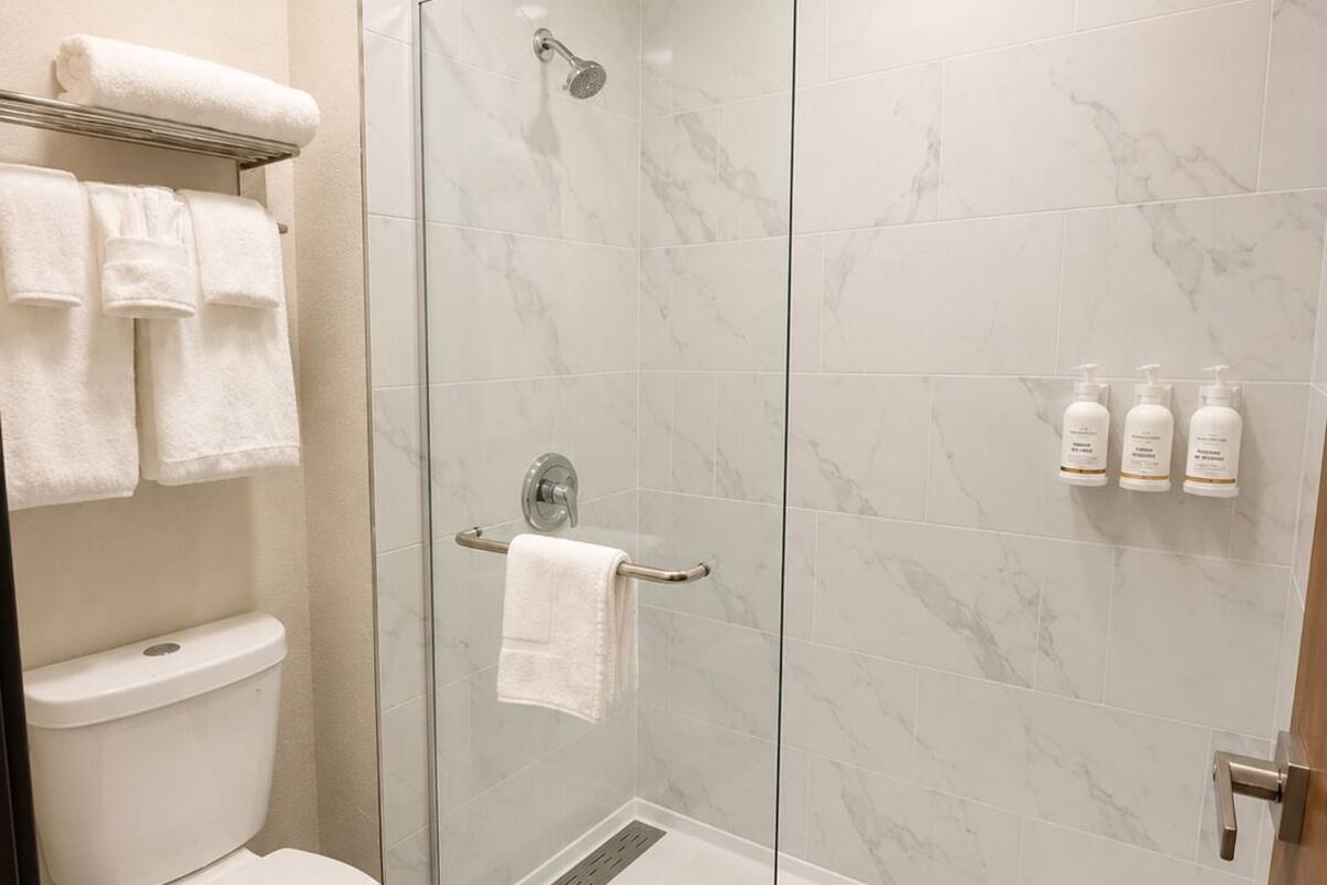 A modern bathroom with a glass shower enclosure, a toilet, and a towel rack.