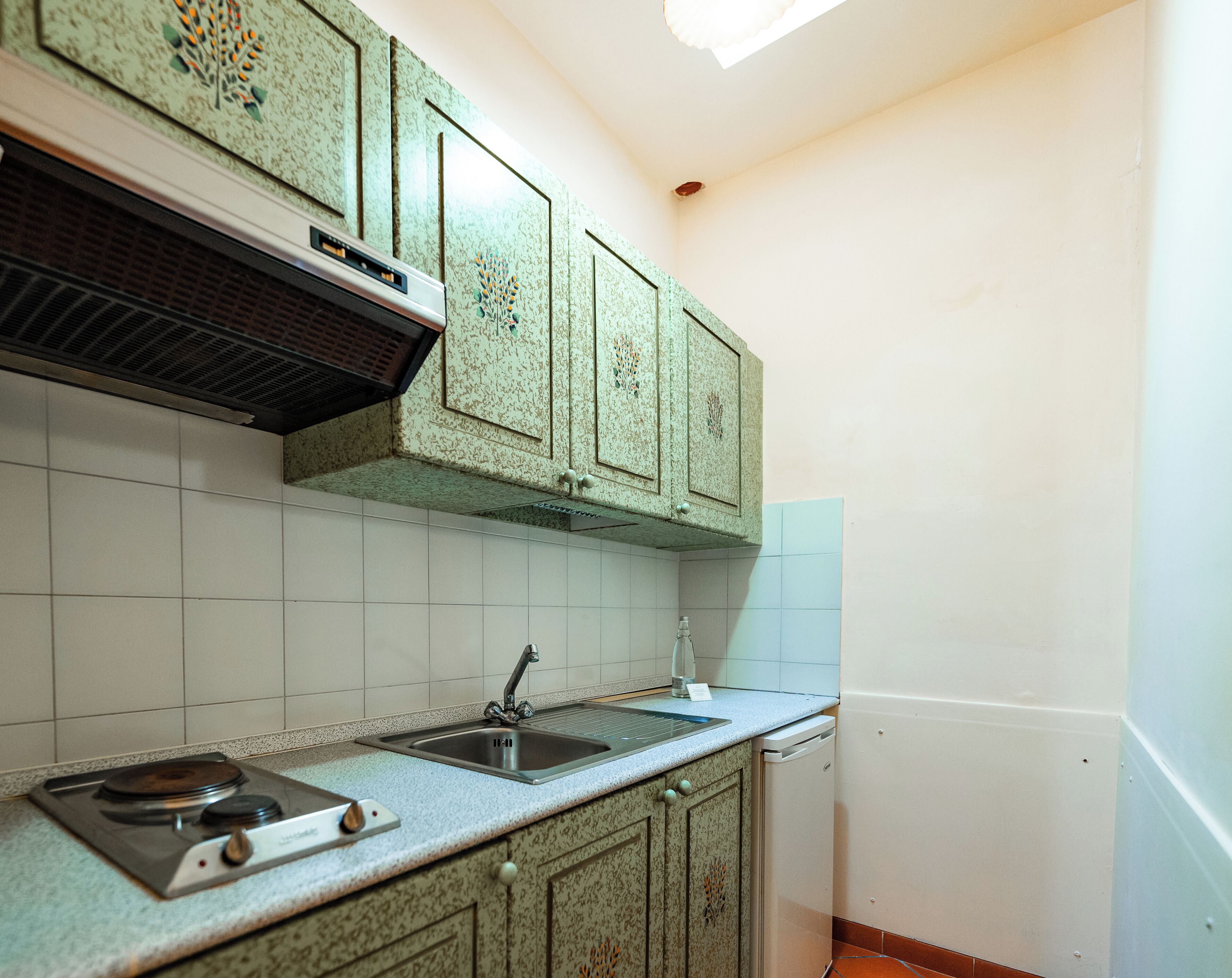 A kitchen with green patterned cabinets, a stainless steel sink, and a built-in stove.