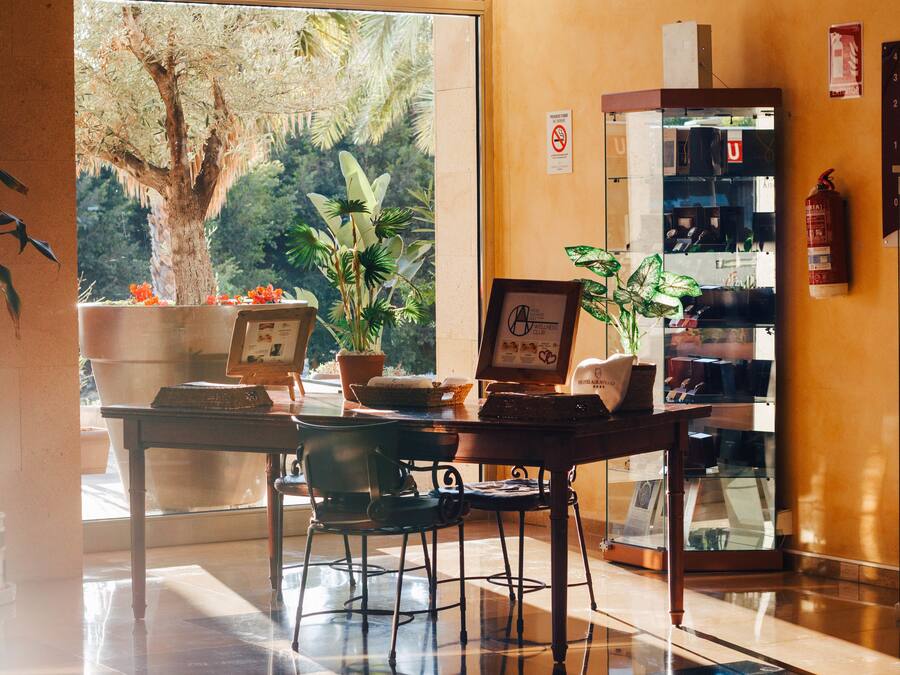 Een receptiezone met een houten toonbank, stoelen, een ingelijst certificaat, potplanten, een brandblusser en een glazen displaykast.
