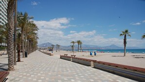 A paved walkway lined with palm trees and benches, leading to a beach with people and umbrellas. - Hotel Alicante Golf (Alicante)