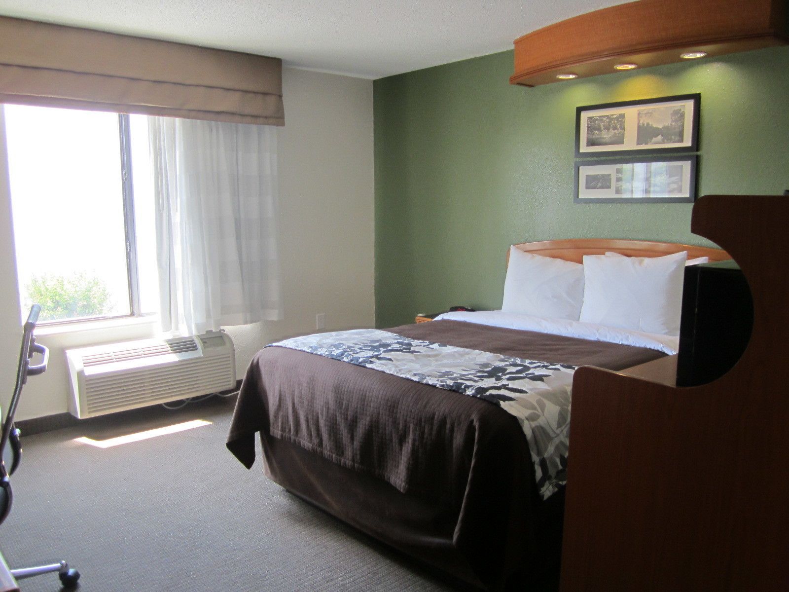 A hotel room with a bed, a window with curtains, a radiator, and a wall-mounted picture frame.