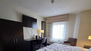 Een hotelkamer met een groot bed, een bureau, een stoel, een kledingkast en een televisie.