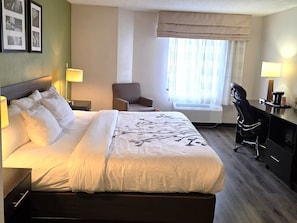 Ein Hotelzimmer mit einem Bett, einem Schreibtisch, einem Stuhl und einem fensterbepflanzten Fenster.