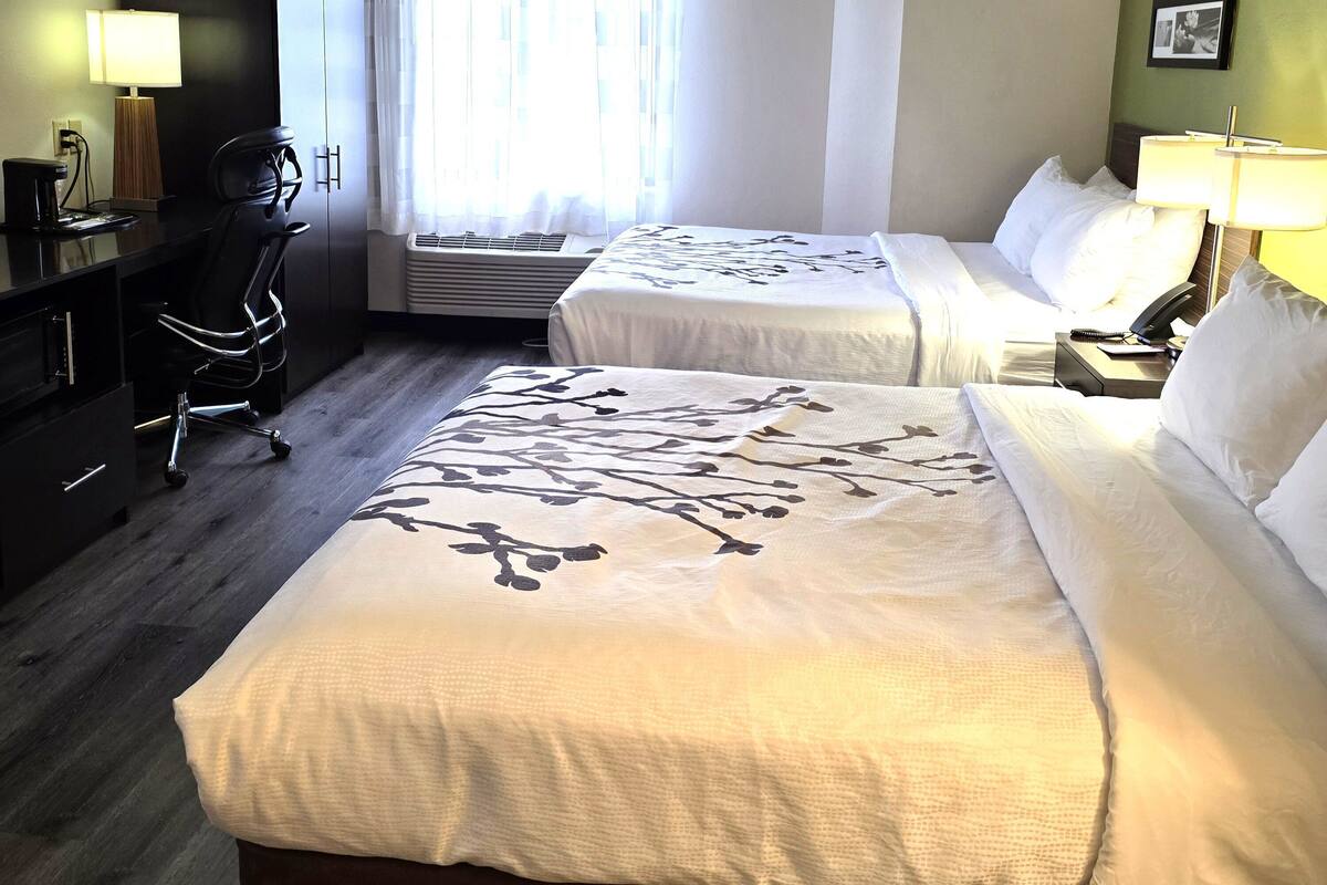 A hotel room with two beds, a desk with a chair, a lamp, and a picture on the wall.