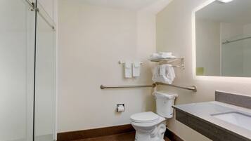 A modern bathroom with a glass shower enclosure, a white toilet, a vanity with a mirror, and a towel rack.