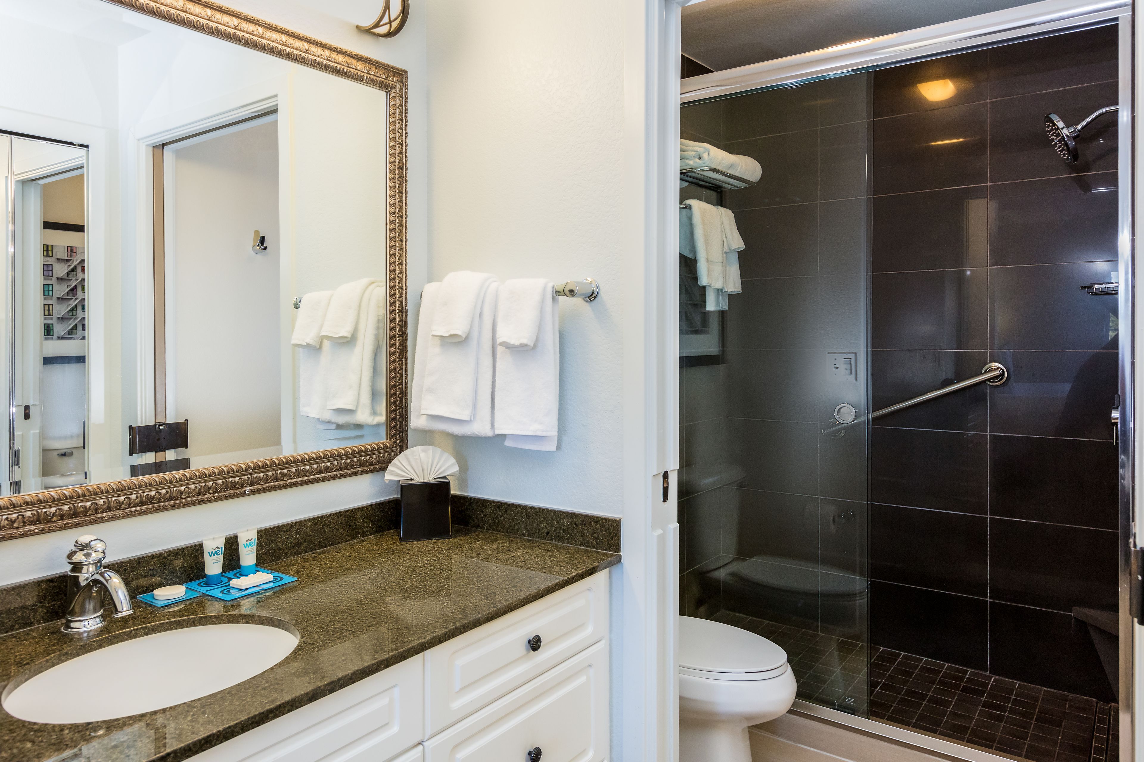 designer toiletries, hair dryer, towels