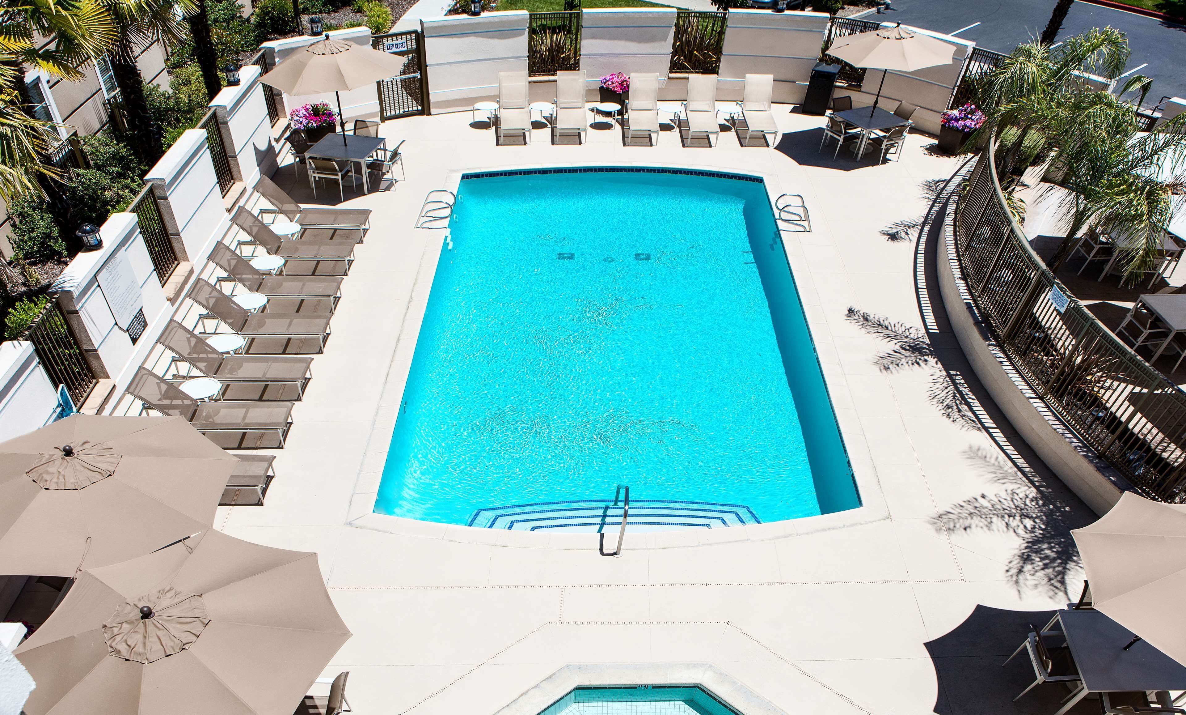 Una piscina rectangular con un trampolín, rodeada de sillas de descanso y sombrillas.