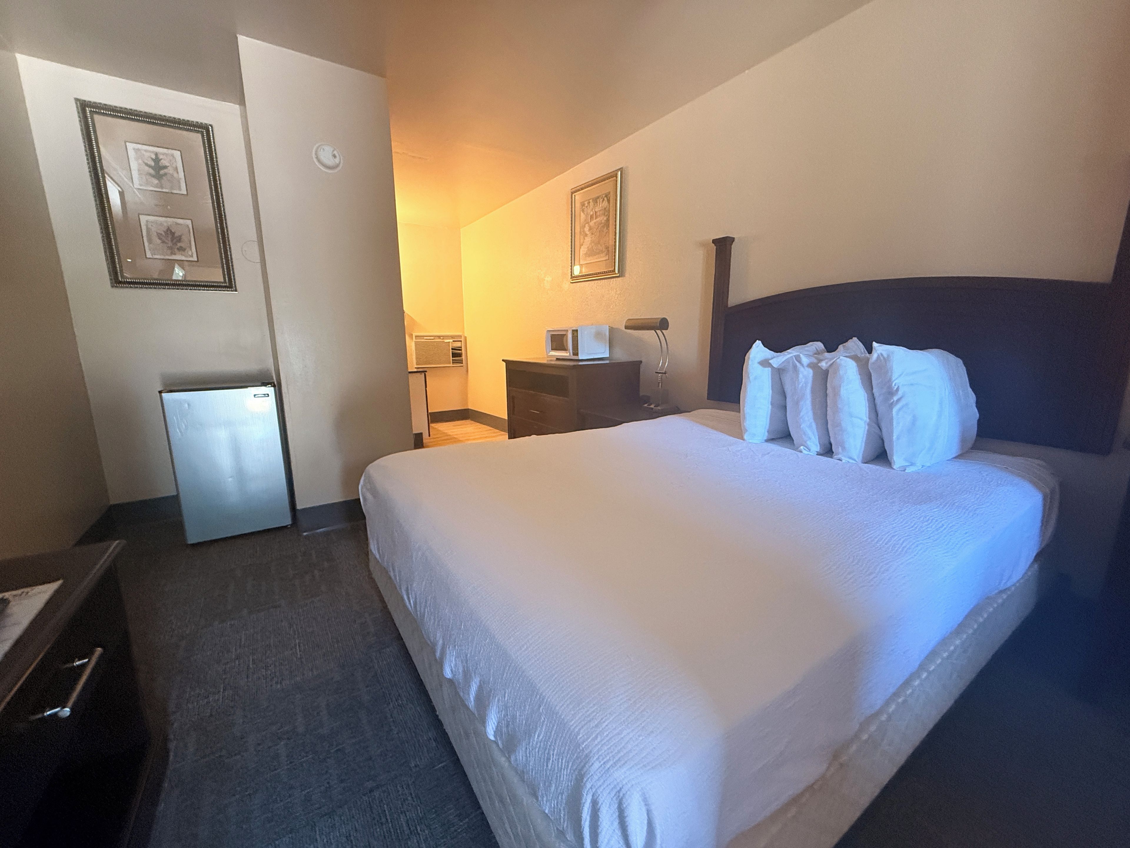 Una camera d'albergo con un letto, una scrivania, una sedia, un piccolo frigorifero e un condizionatore d'aria a parete.