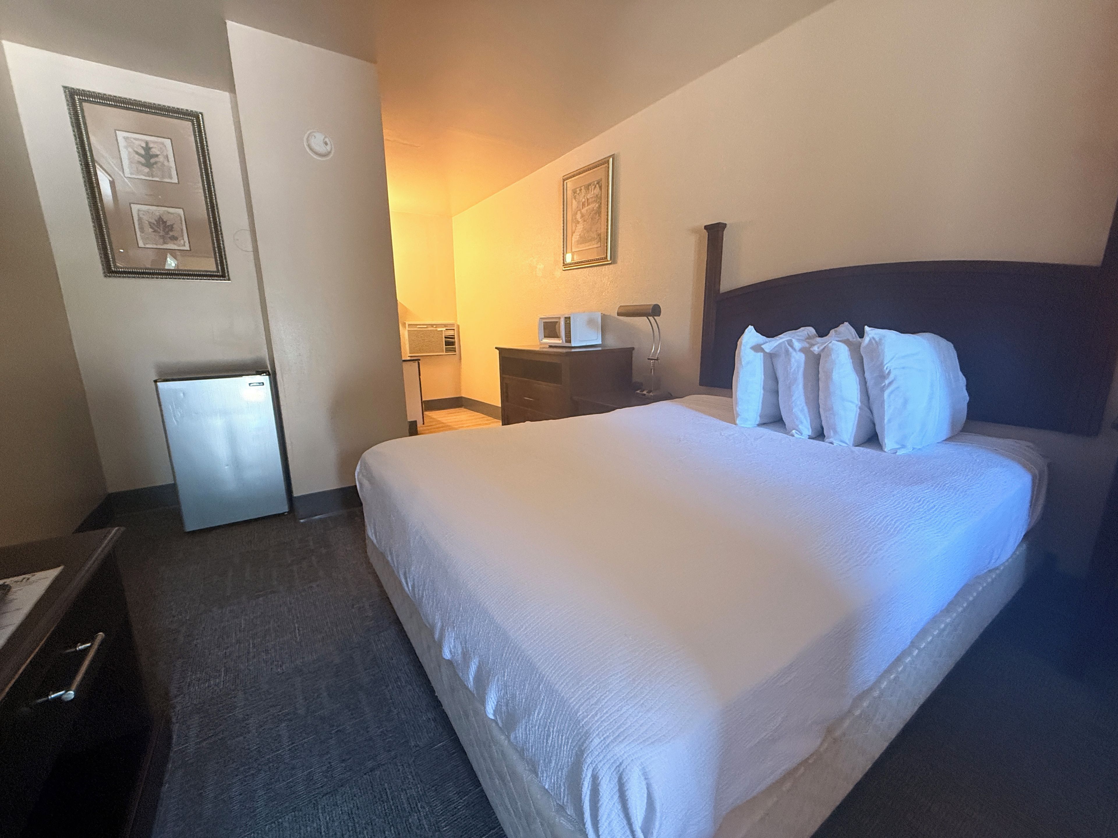 Habitación de hotel con cama, escritorio, silla, refrigerador pequeño y aire acondicionado instalado en la pared.