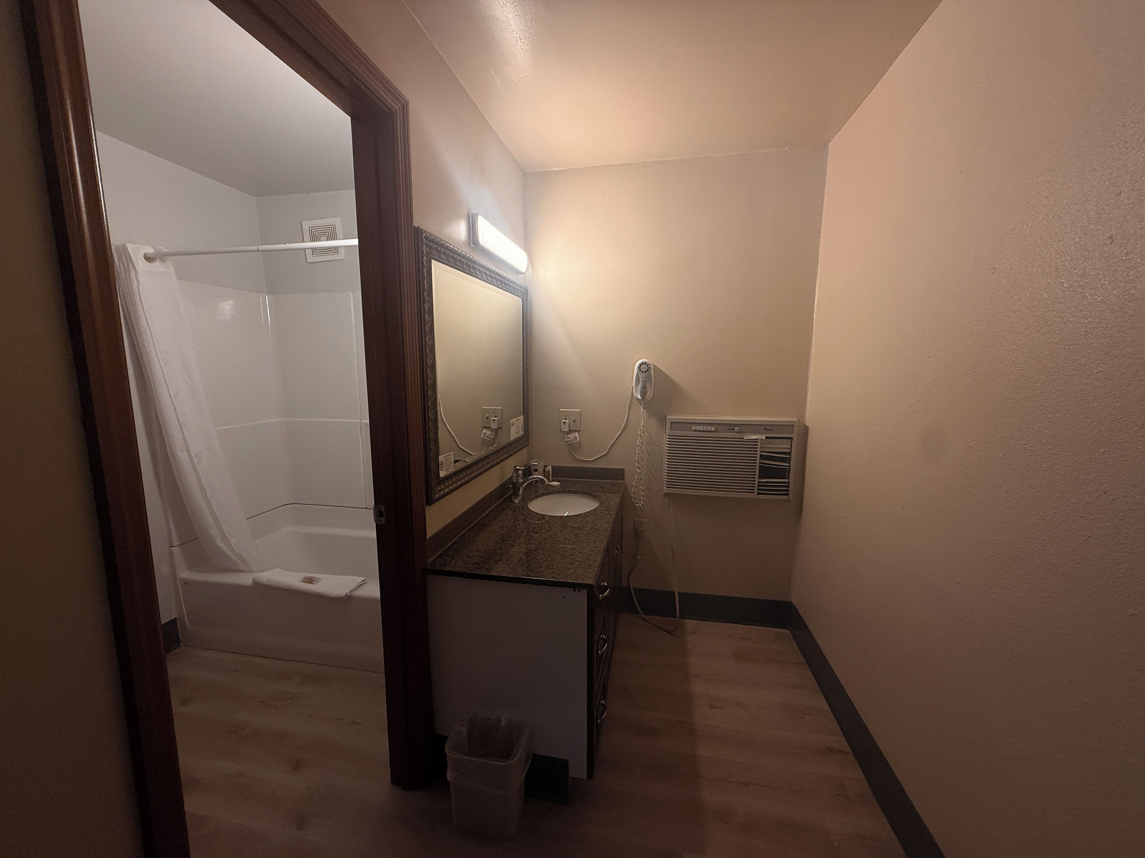 A bathroom with a shower, sink, mirror, and a wall-mounted heater.
