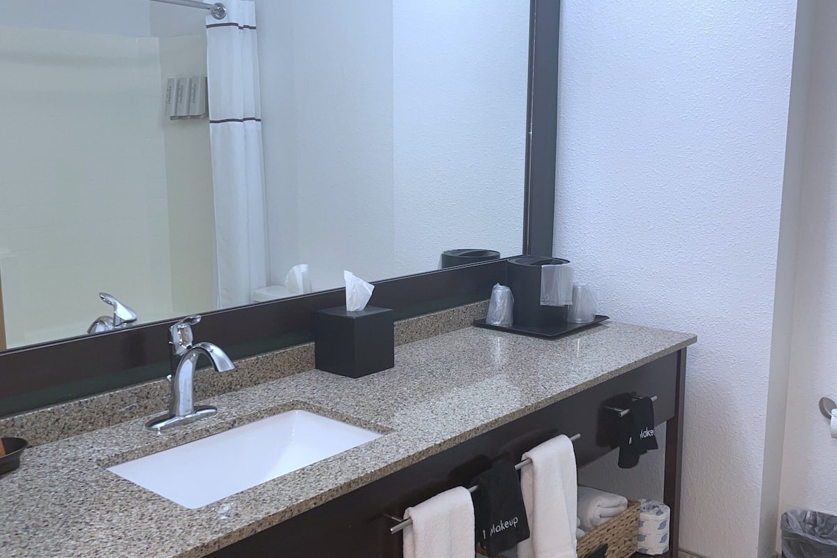 combined shower/bathtub, designer toiletries, hair dryer, towels