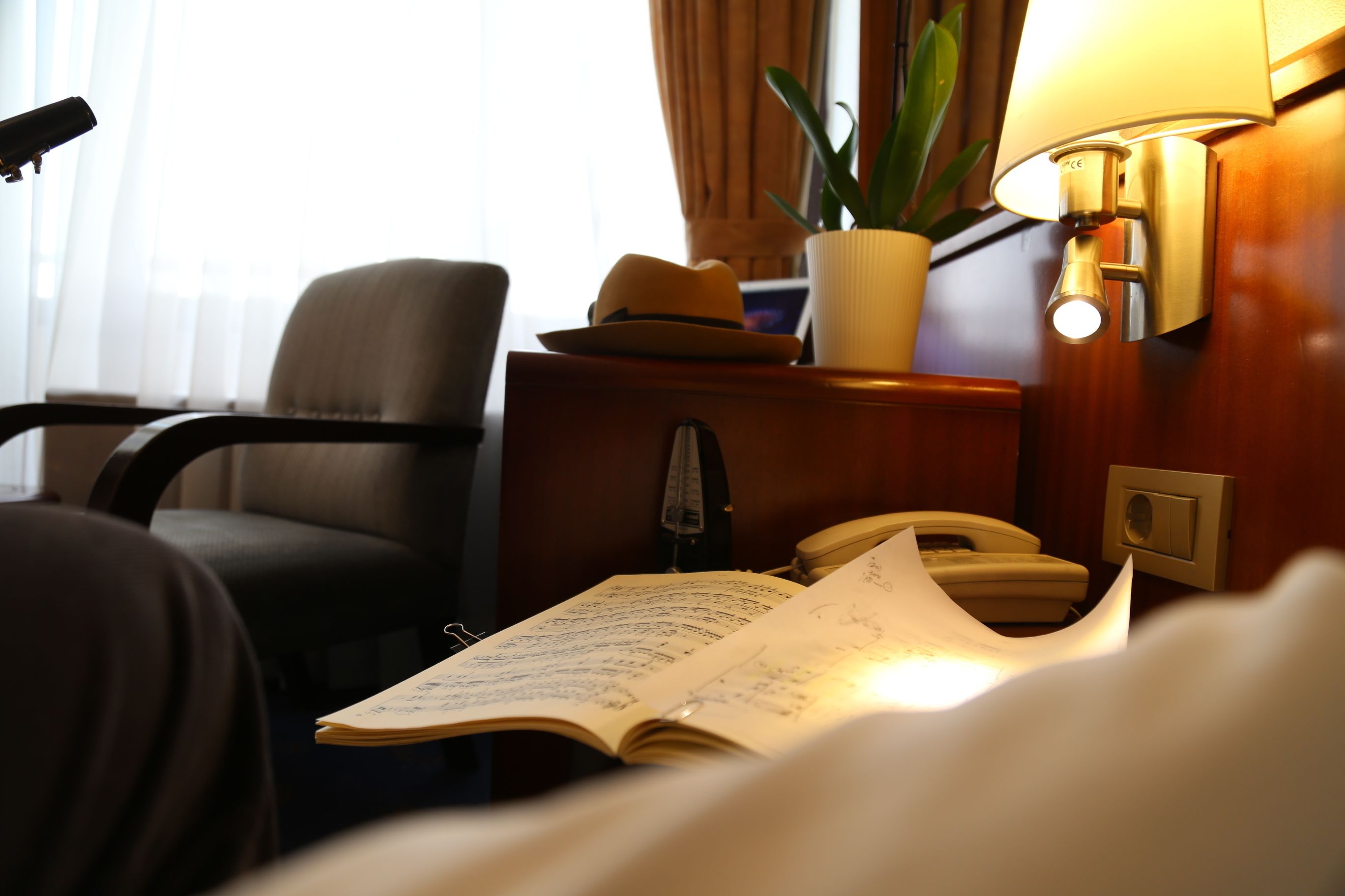 A hotel room with a bed, a bedside table with a lamp, a telephone, a plant, and a hat on the table.