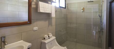 A modern bathroom with a sink, toilet, and glass-enclosed shower.